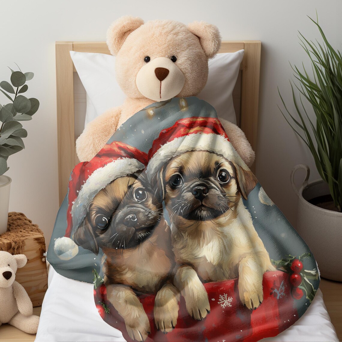 Two Adorable Pugs In Santa Hats With A Christmas Sack Holiday Poster - Image 2