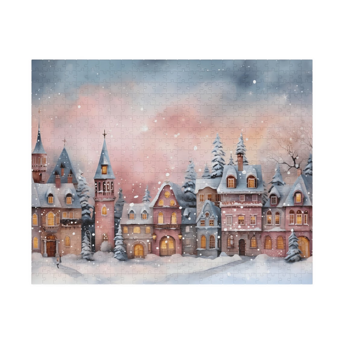 Charming Pastel Snowy European Winter Town Glowing at Dusk Poster - Image 3