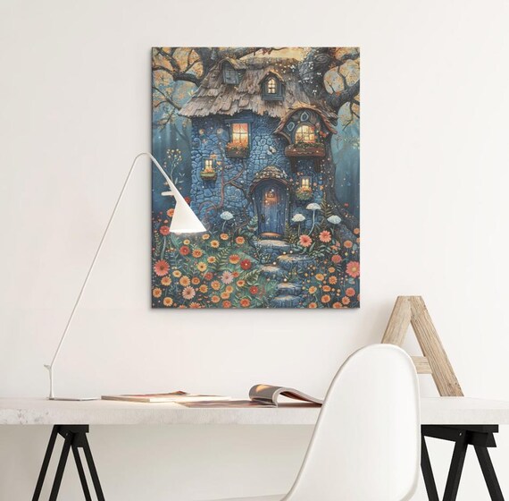Enchanted Blue Fairy Cottage Flower Garden Fantasy Decor Poster