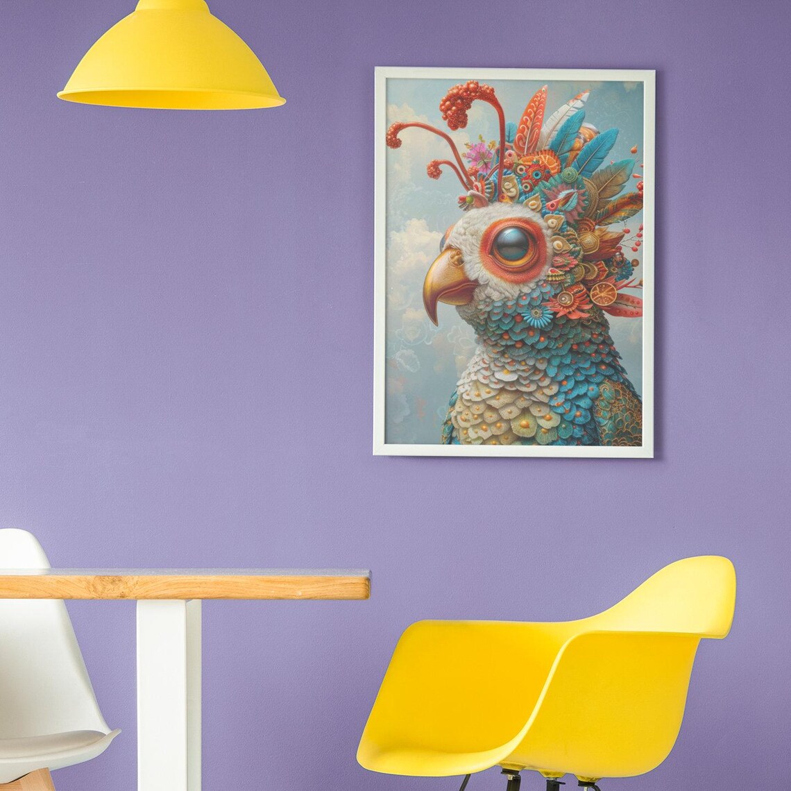 Whimsical Colorful Fantasy Bird with Floral Feathered Crest Art Poster - Image 2