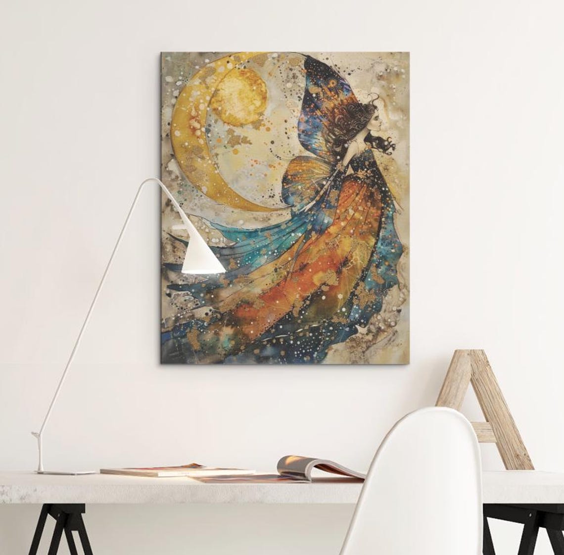 Moon Fairy Watercolor Butterfly Woman Golden Crescent Moon Poster