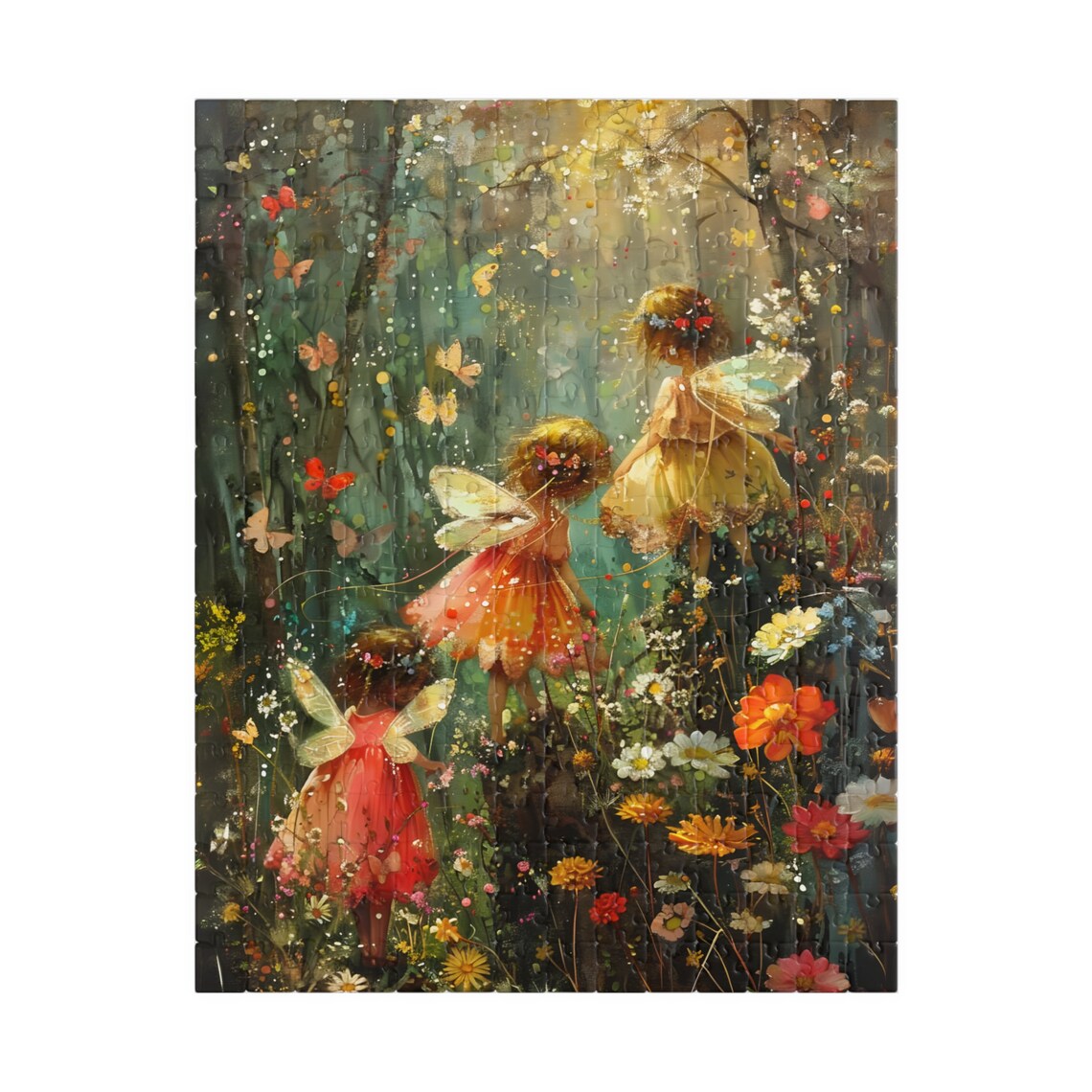 Three Woodland Fairies in a Flower Forest Watercolor Art Poster - Image 2