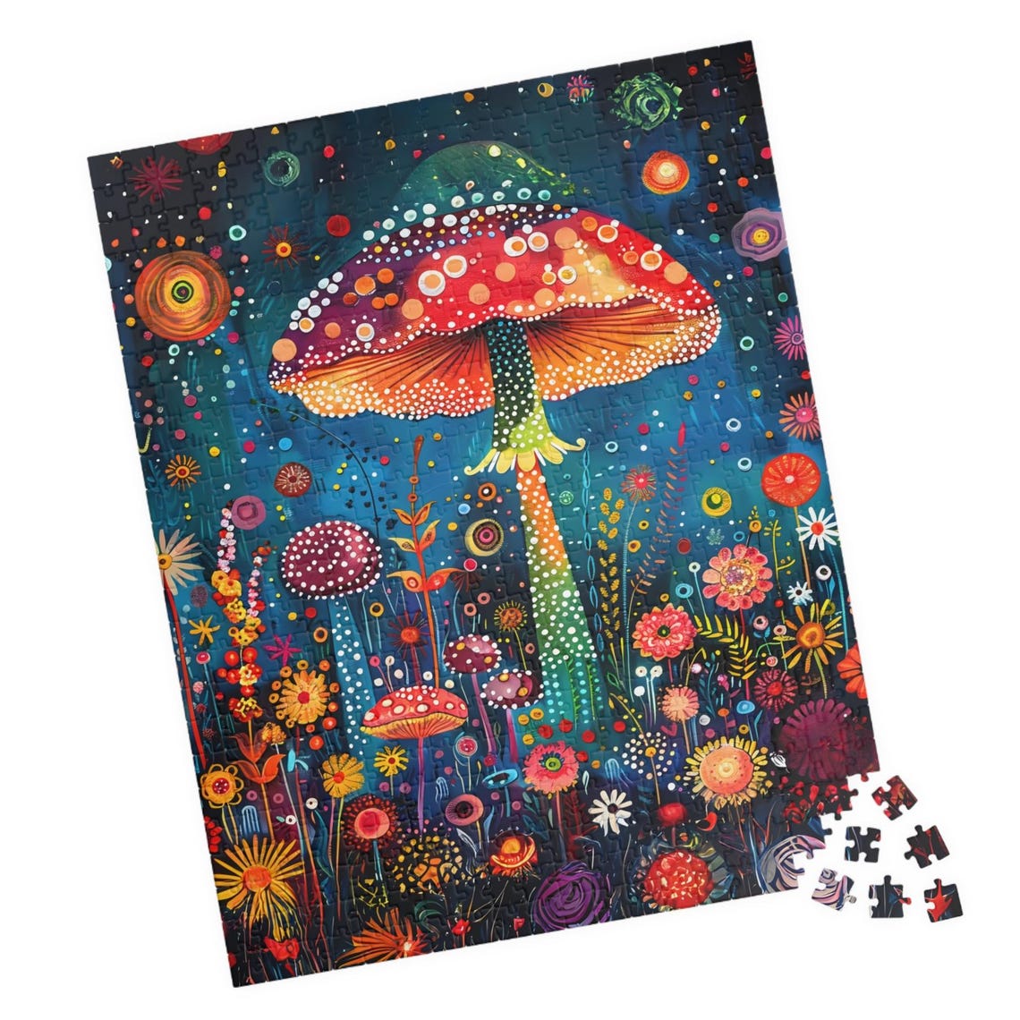 Giant Red Mushroom with Dotted Cap in a Flower Garden Poster