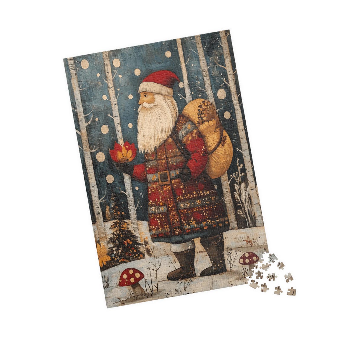 Russian Folk Art Santa in Snowy Birch Forest with Gift Sack Poster - Image 4