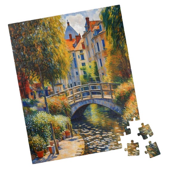 European Waterway Jigsaw Path Along Stream With Bridge Beautiful Scenic Village Impressionist Style Art Puzzle