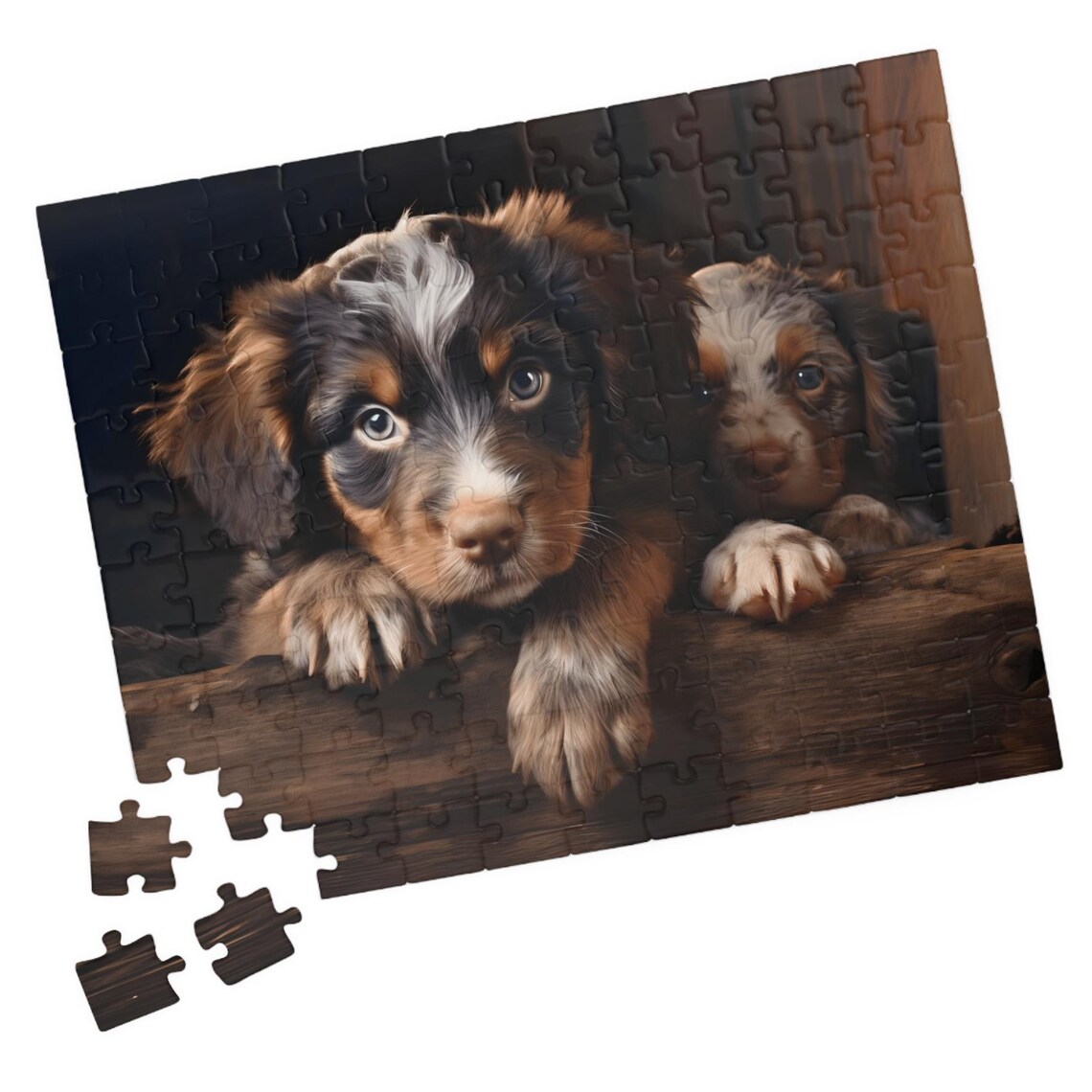 Two Cute Puppies Peeking Over a Rustic Wooden Edge Art Poster