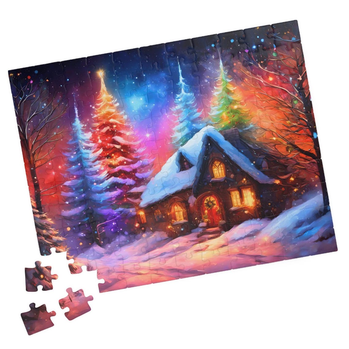 Holiday Magic Cabin Snowy Night Glowing Christmas Trees Poster