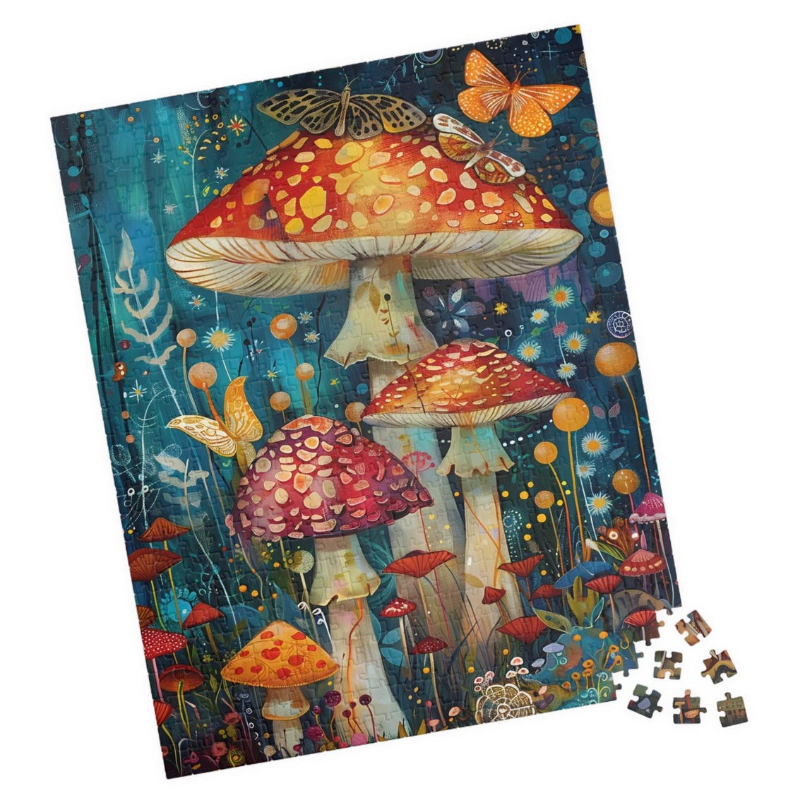 Enchanted Red Fly Agaric Mushroom Butterfly Night Forest Poster