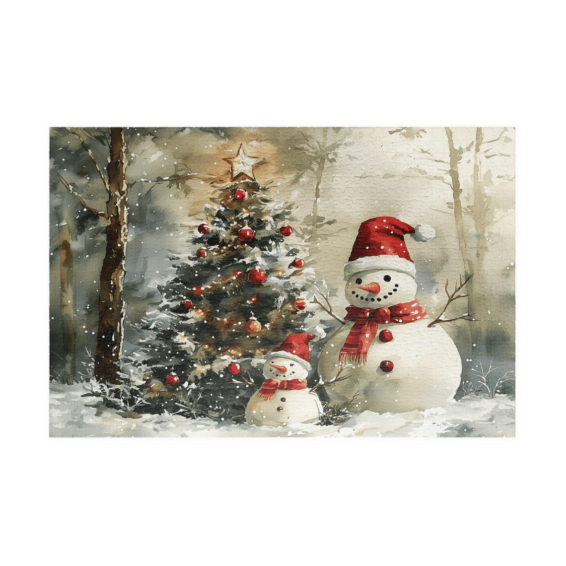 Two Snowmen With Santa Hats By A Christmas Tree In Snow Art Print - Image 3