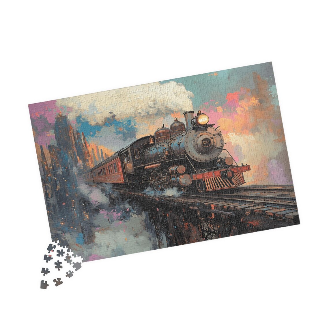 Steam Locomotive 361 Steaming Out Of A Colorful City Art Poster - Image 4