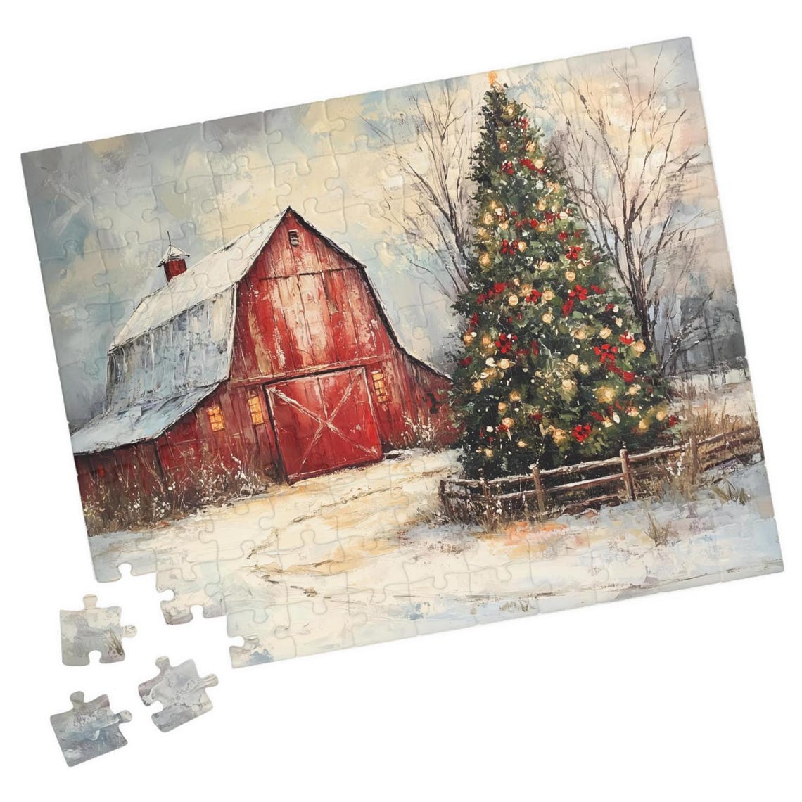 Red Barn Christmas Tree Snowy Winter Scene Jigsaw Puzzle Print