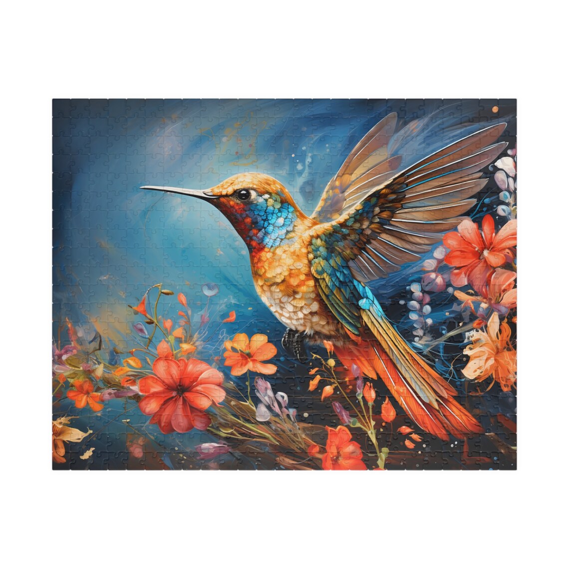 Colorful Hummingbird in Flight Among Vivid Red Flowers Poster - Image 6