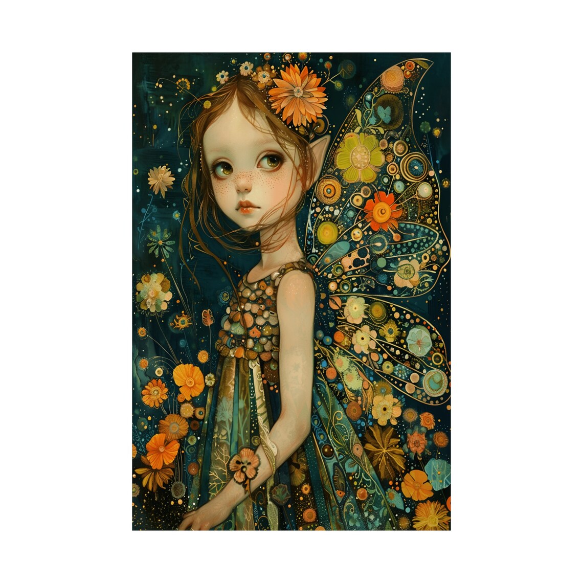 Little Night Fairy Portrait With Decorated Wings And Flower Art Poster - Image 3