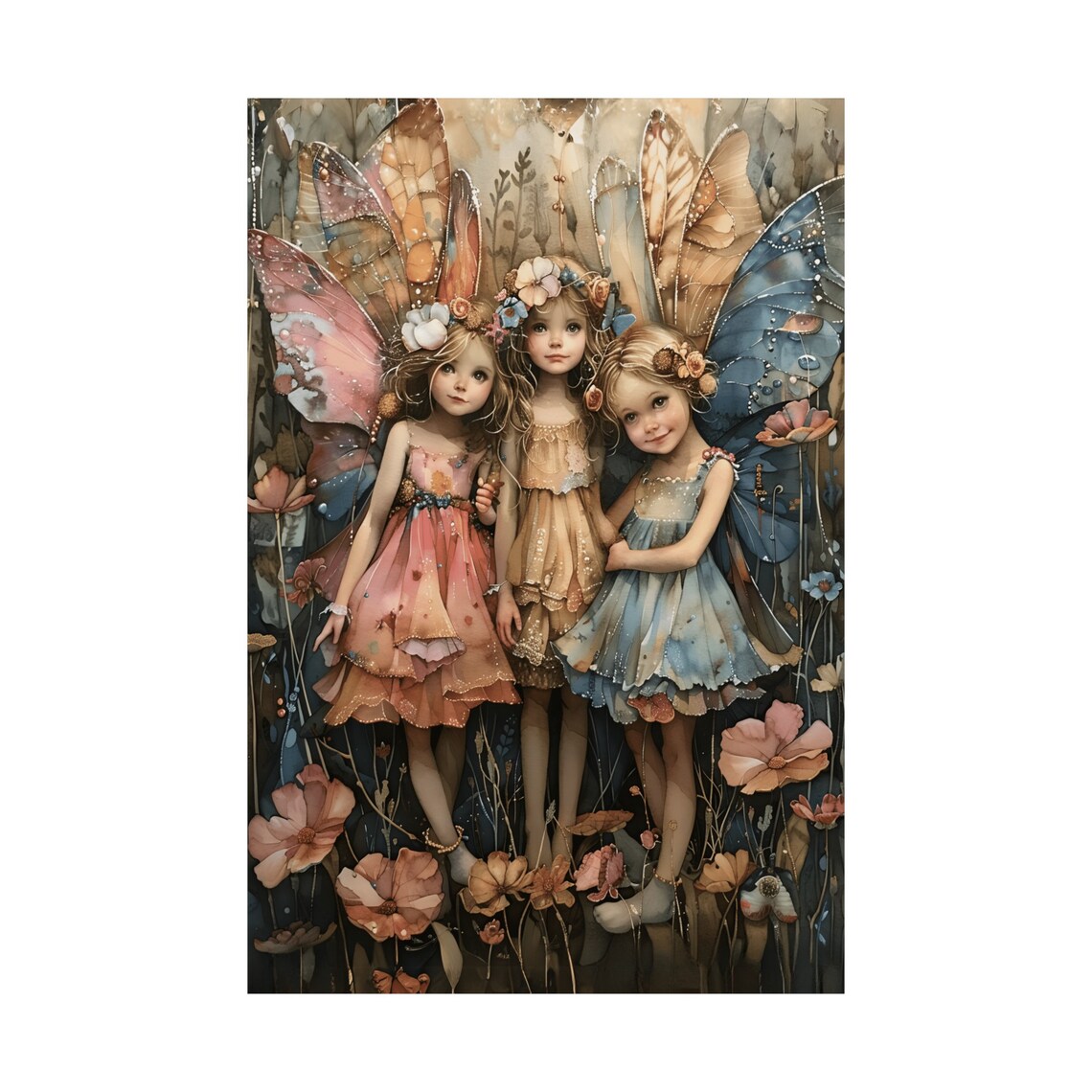 Three Little Pastel Fairies Among Wildflowers Watercolor Poster - Image 3
