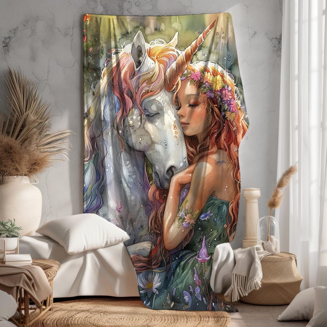 Princess Embracing Her Unicorn in a Flower Meadow Fantasy Poster - Image 2