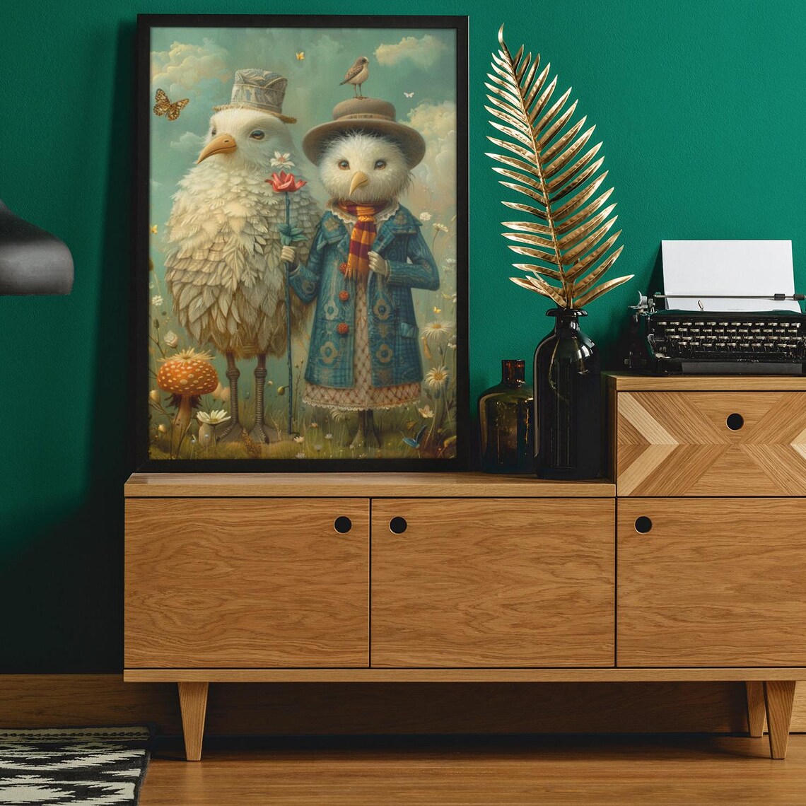 Two Fancy White Birds in Victorian Clothes in Wildflower Meadow Poster - Image 5