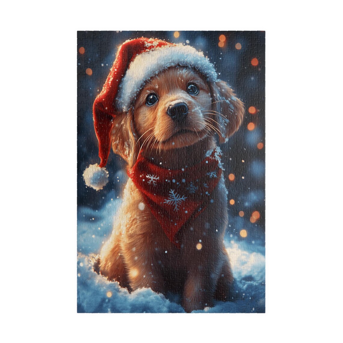 Golden Christmas Puppy in Santa Hat Art Print - Image 3