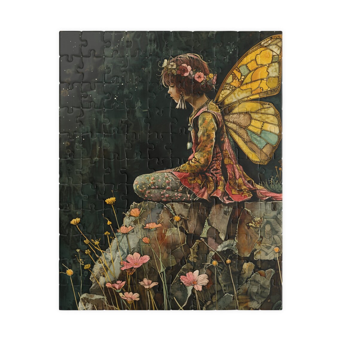 Night Butterfly Fairy Rocks Wildflowers Moody Fantasy Art Poster - Image 2