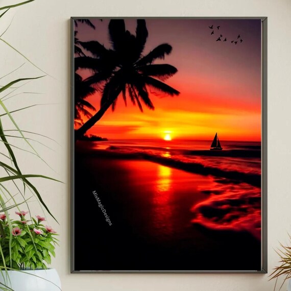 Tropical Sunset Beach Poster Palm Silhouettes Sailboat Ocean Dusk Scene