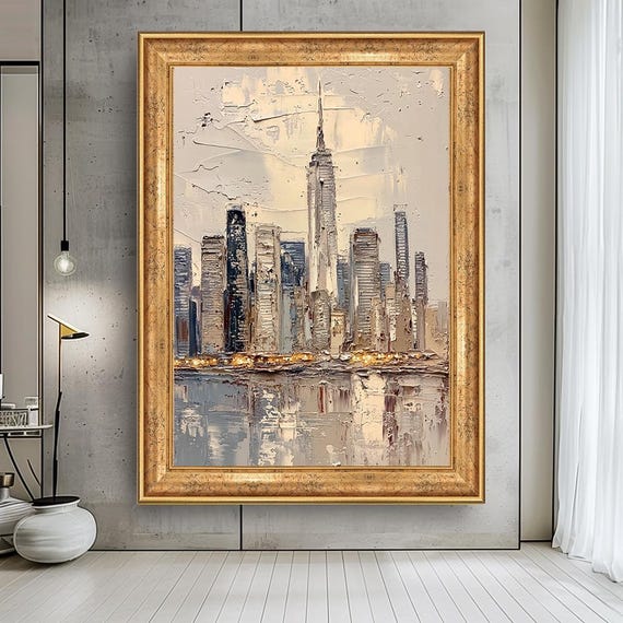 Textured New York Skyline Canvas Art Beige Gold Abstract Cityscape