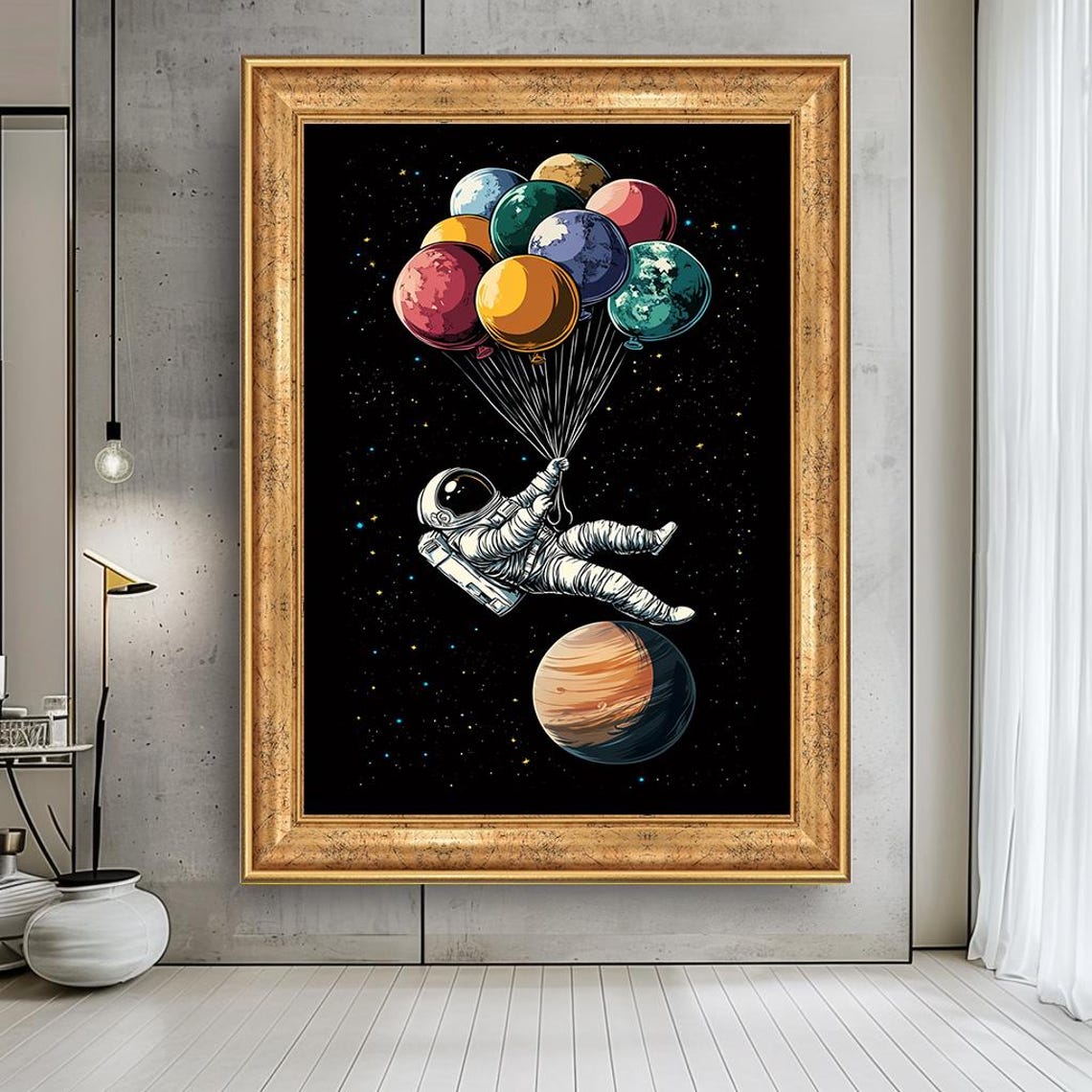 Astronaut Floating With Planet Balloons Space Adventure Poster