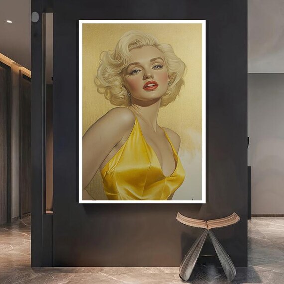 Marilyn Monroe Portrait in Gold Dress Hollywood Glamour Oil Painting Poster