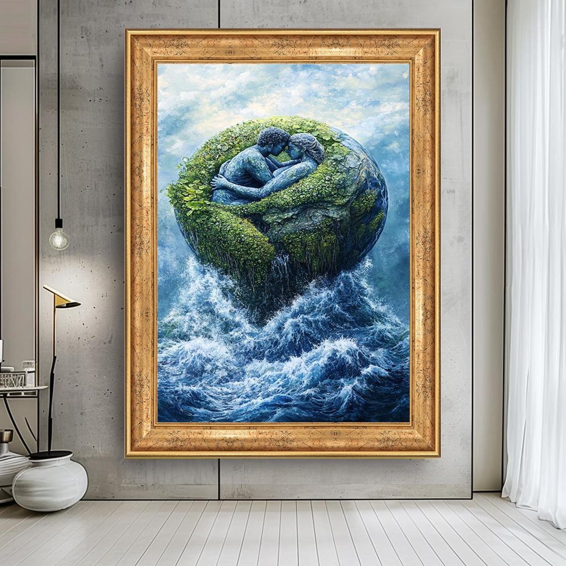 Romantic Couple on Floating Earth Surreal Ocean Waves Art Poster