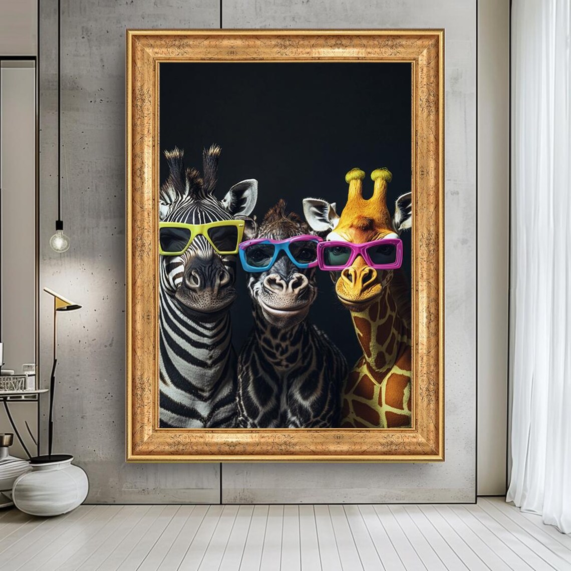 Funny Safari Animals With Sunglasses Canvas Cool Zebra Giraffe Friends Wall Art Whimsical Jungle Decor