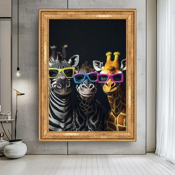 Funny Safari Animals With Sunglasses Canvas Cool Zebra Giraffe Friends Wall Art Whimsical Jungle Decor
