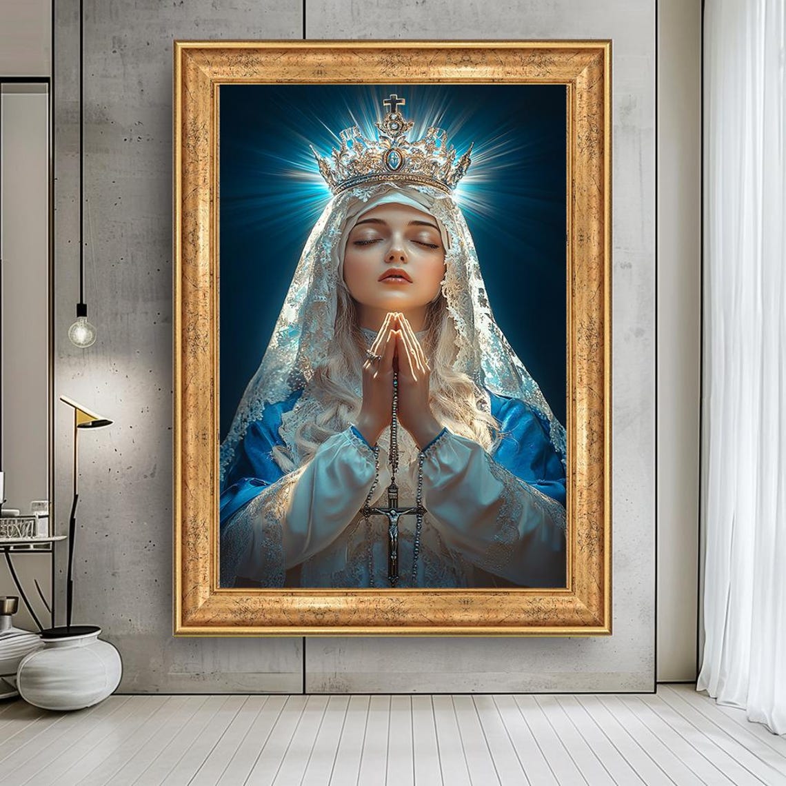 Crowned Virgin Mary White Lace Veil Blue Robe Praying Catholic Poster