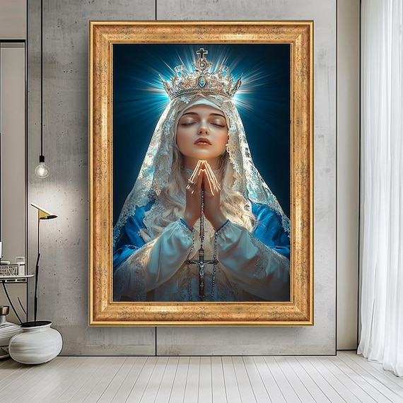 Crowned Virgin Mary White Lace Veil Blue Robe Praying Catholic Poster