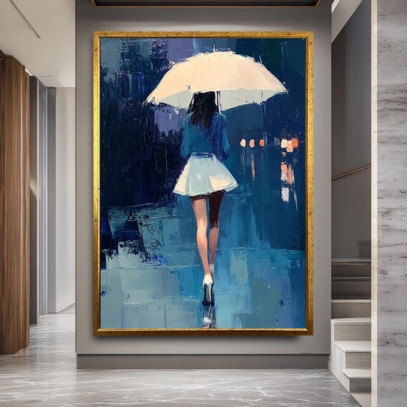 Rainy Night Woman Canvas Art Moody Blue City Stroll Oil Painting