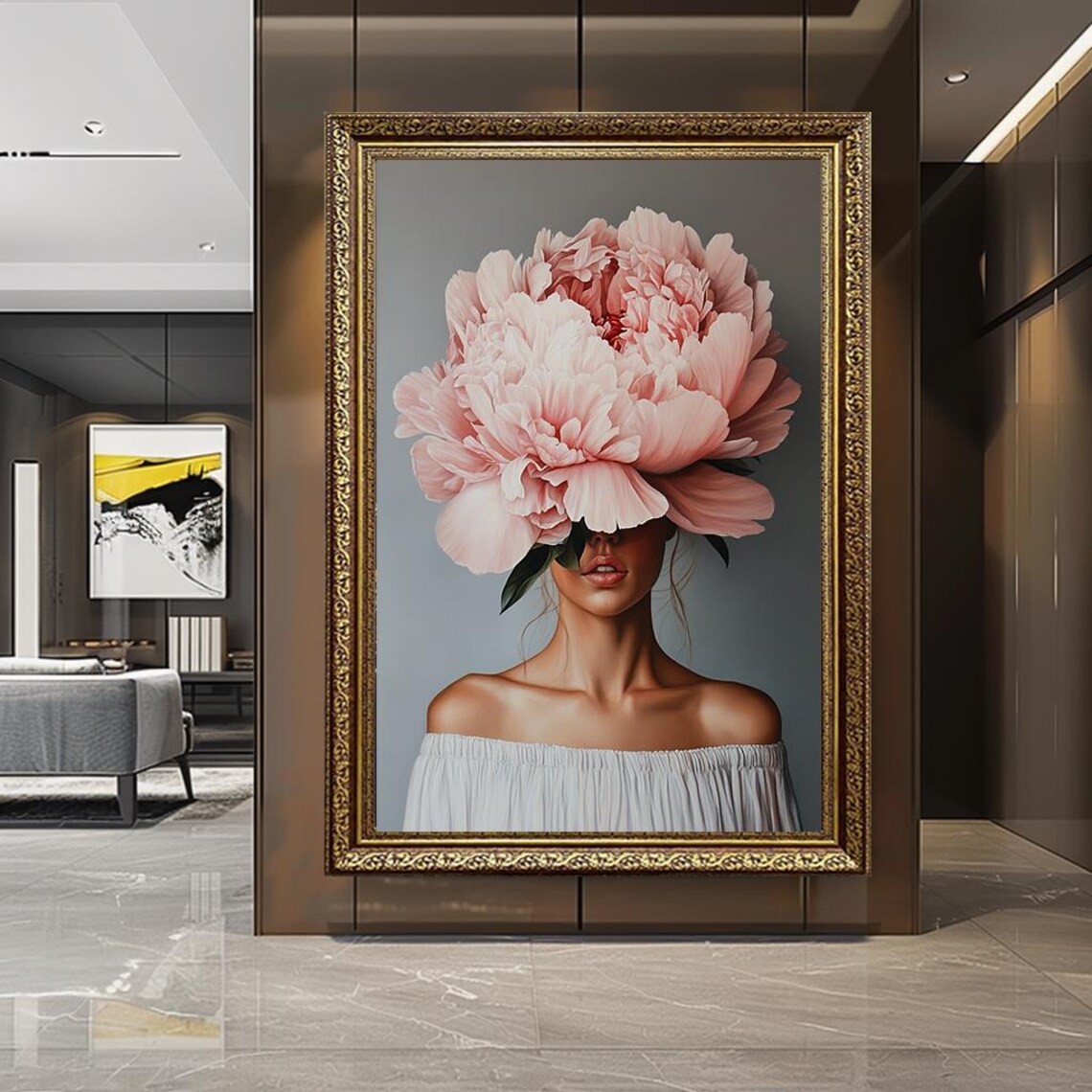 Pink Peony Woman Portrait Art Print, Romantic Floral