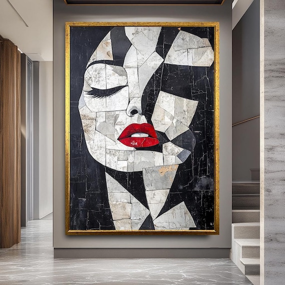 Abstract Woman Face Canvas Art Red Lips Mosaic Portrait