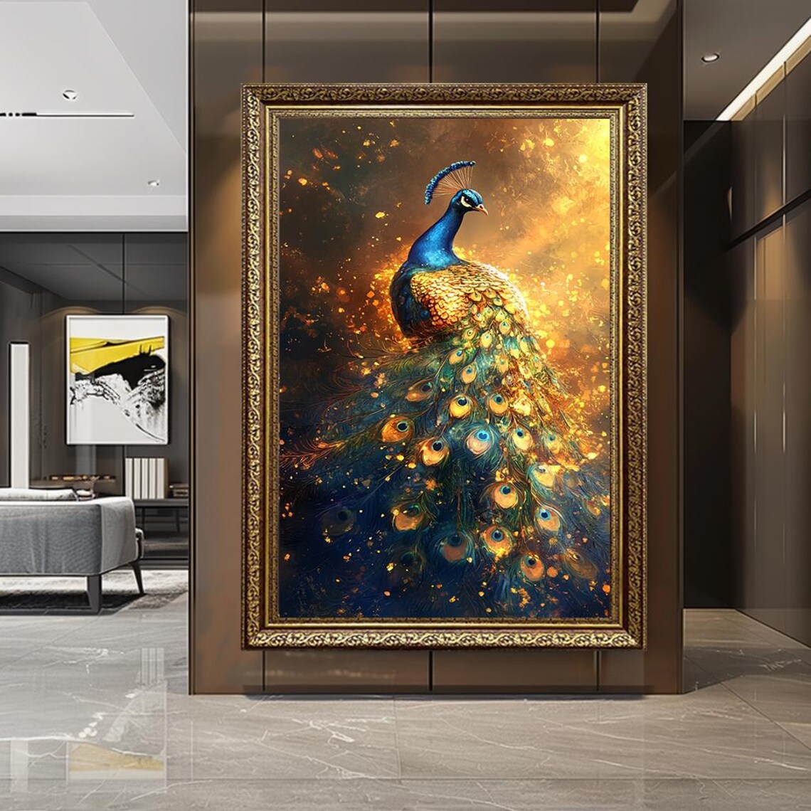 Golden Peacock Art Print, Luxury Boho Glam