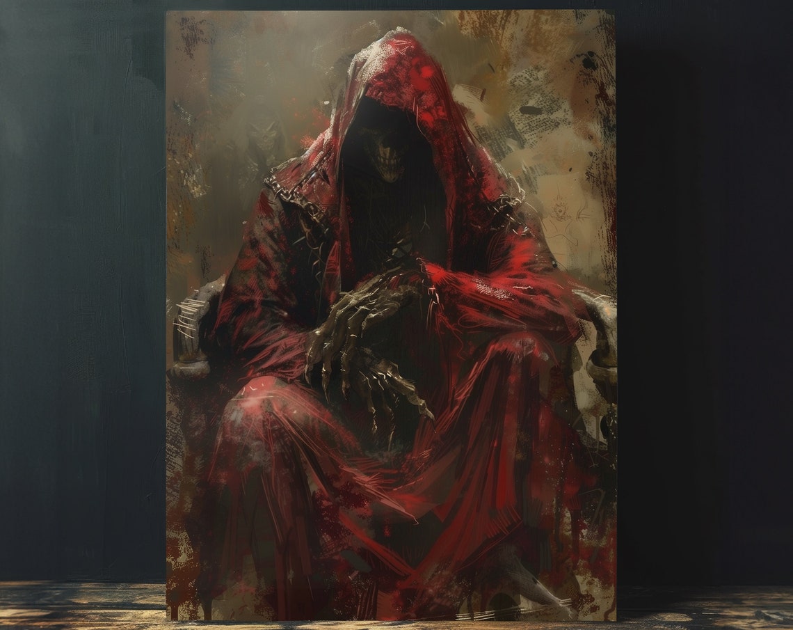 Eerie Grim Reaper Red Hooded Cloak Dark Romanticism Art Poster