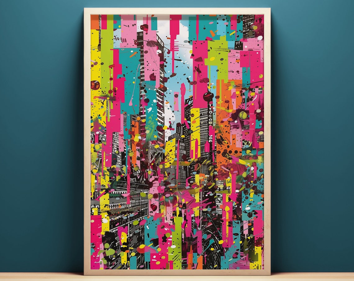 Colorful Pop Art Cityscape Neon Drip Paint Skyscraper Poster