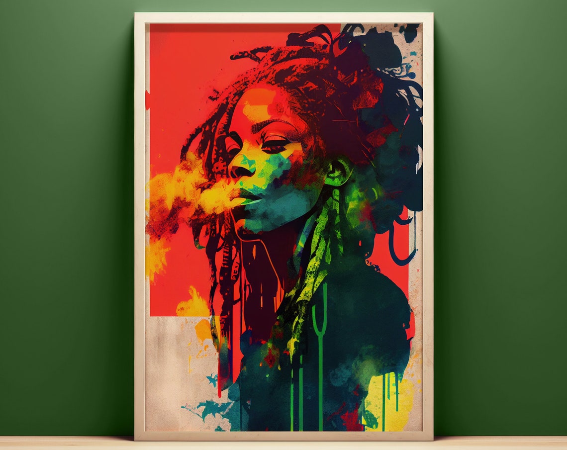 Jamaican Women Portrait Acrylic Style Wall Art Abstract Art Bold Collage Instant Rastafari Style Dreadlocks - Image 3