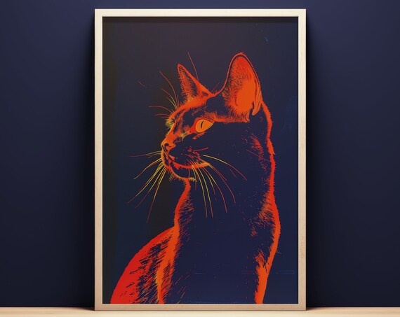 Neon Orange Cat Silhouette Dark Navy Pop Art Minimalist Poster