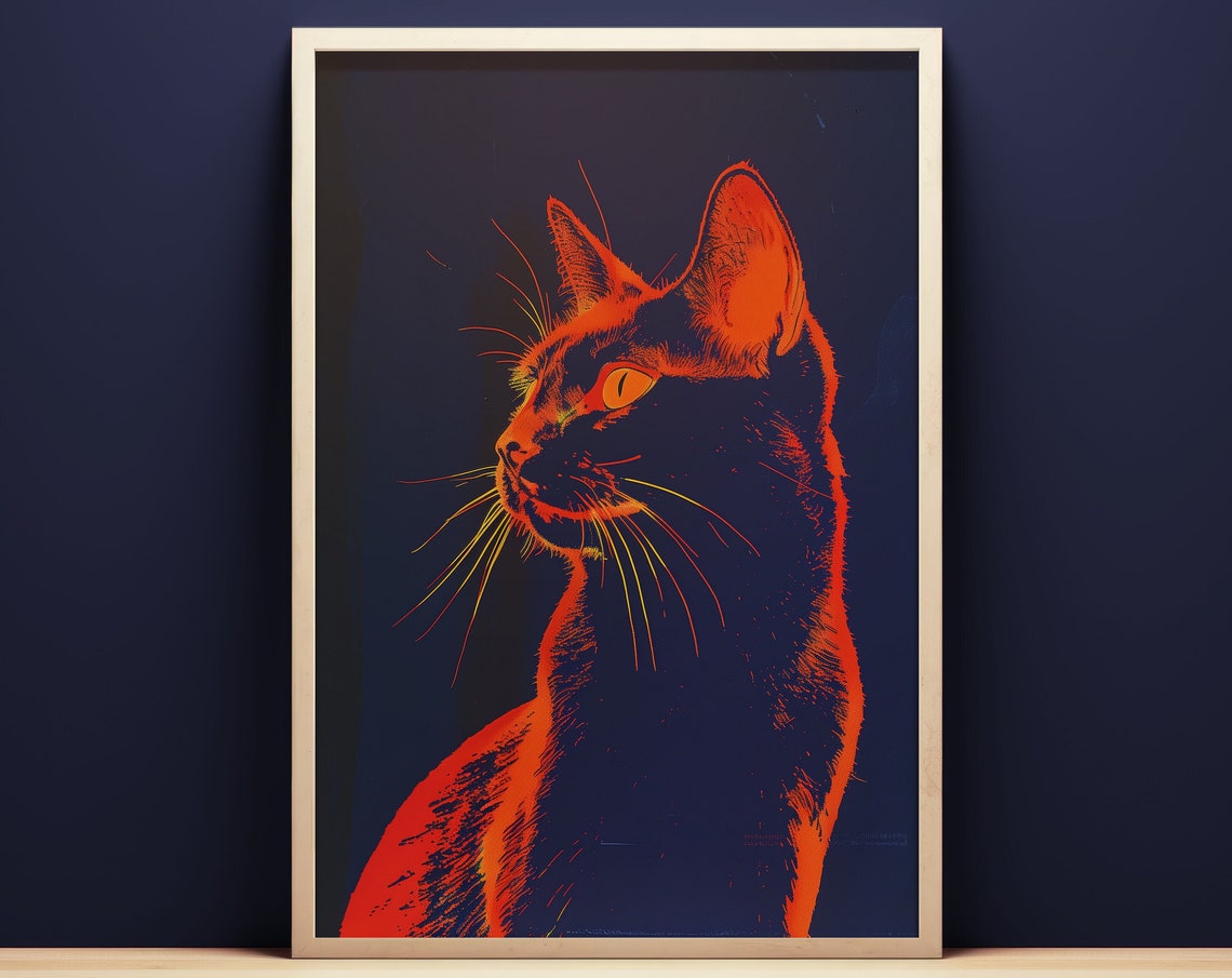 Neon Orange Cat Silhouette Dark Navy Pop Art Minimalist Poster