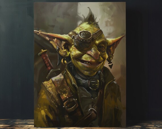 Handsome Green Goblin Monocle Sword Smiling Fantasy Character Poster