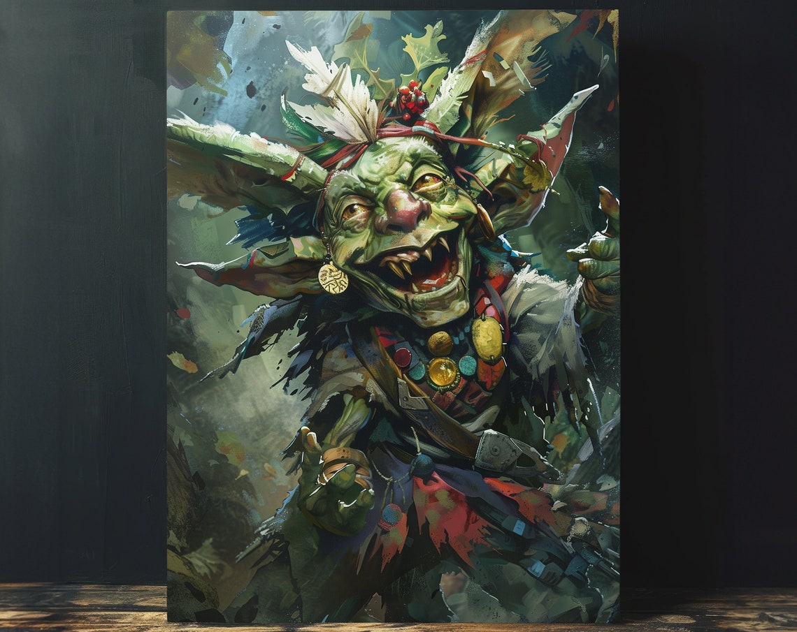 Green Goblin Feathered Headdress Forest Spirit Fantasy Art Poster
