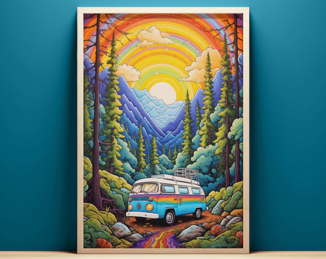 Hippie VW Camper Van Mountain Rainbow Sunset Adventure Poster