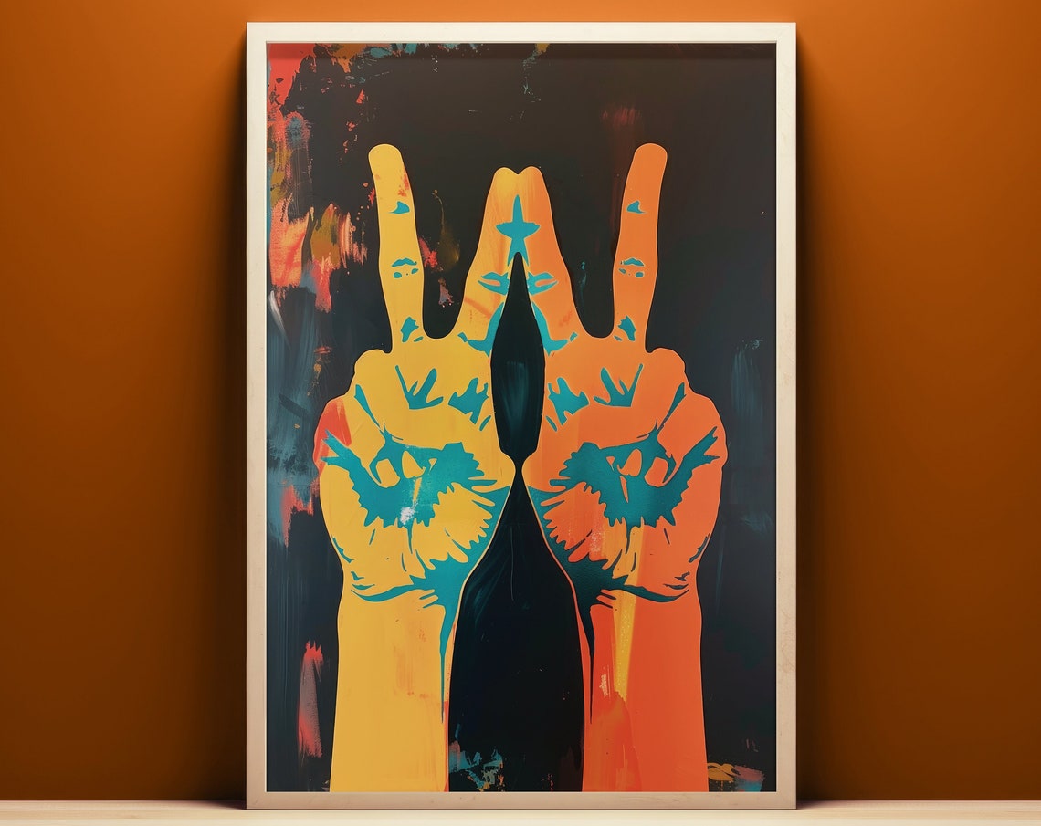 Peace Sign Hands Pop Art Poster Neon Yellow Retro Statement Wall Decor