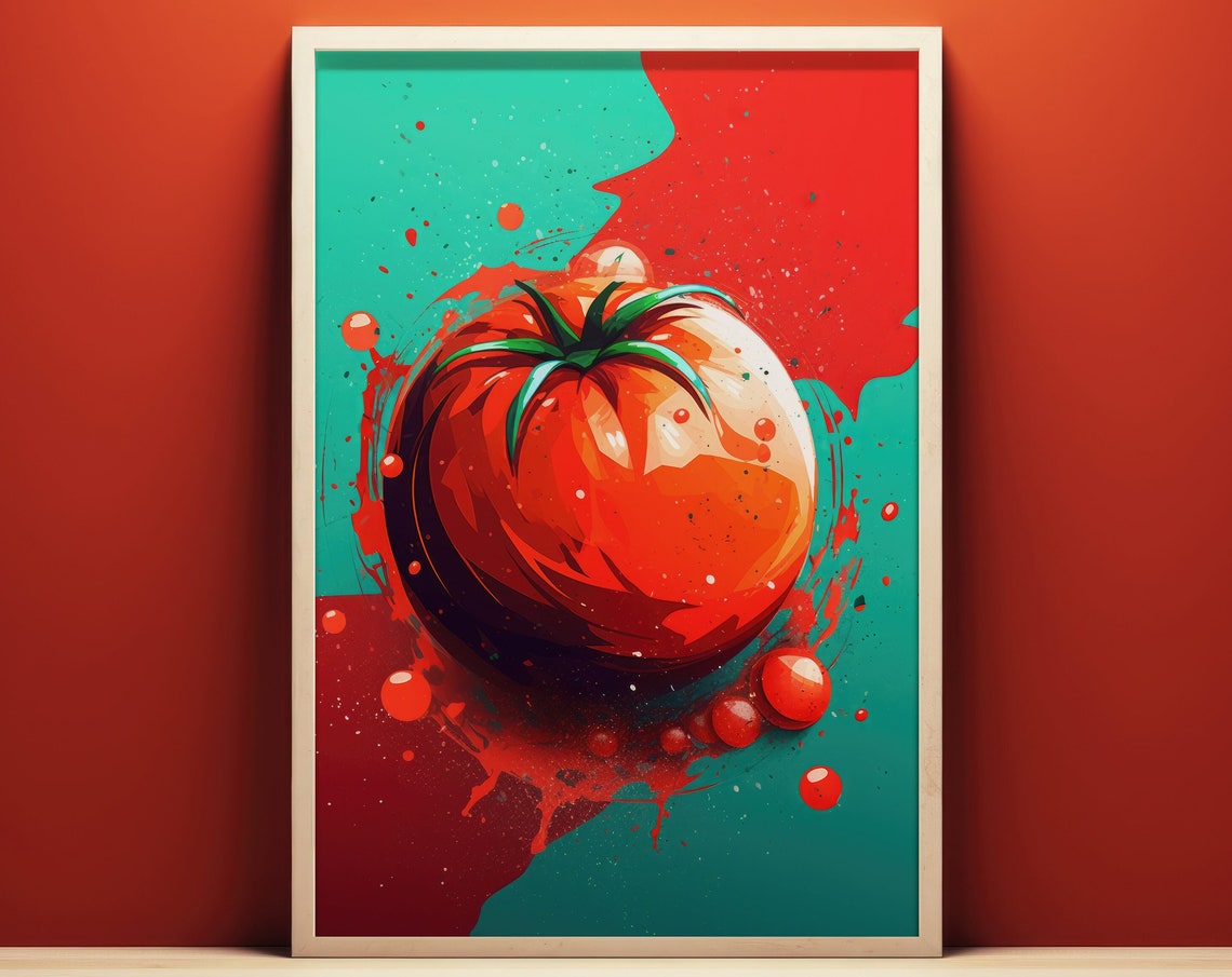 Red Tomato Illustration Teal Red Split Background Kitchen Poster