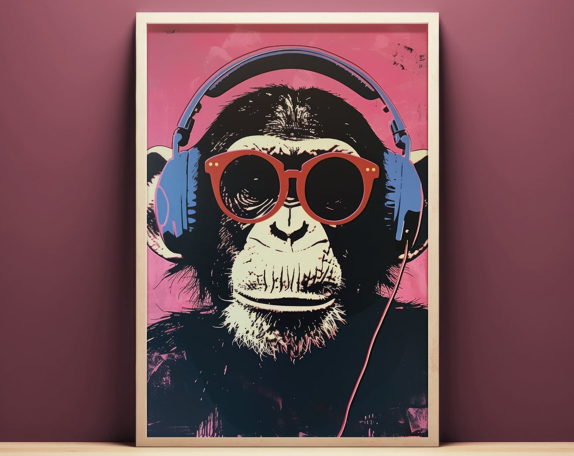 DJ Monkey Wearing Headphones Red Sunglasses Funky Pop Art Poster