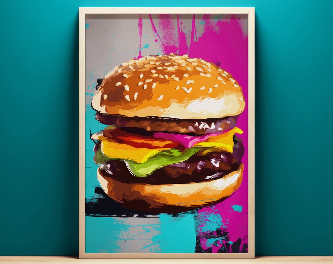 Cheeseburger Pop Art Teal Magenta Neon Style Kitchen Wall Art