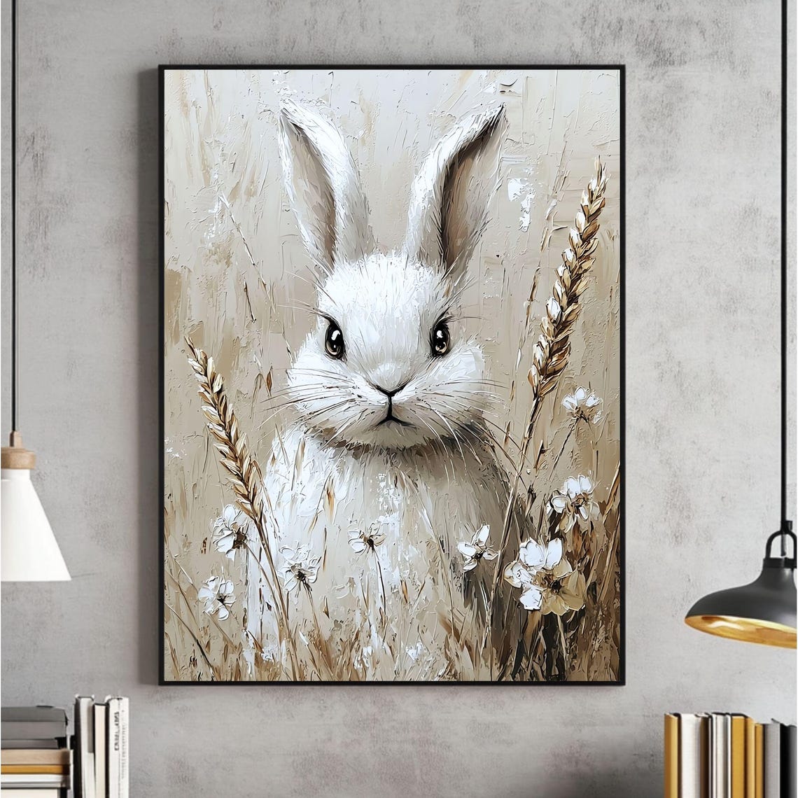 Close-Up White Bunny with Daisies on Rustic Farmhouse Poster