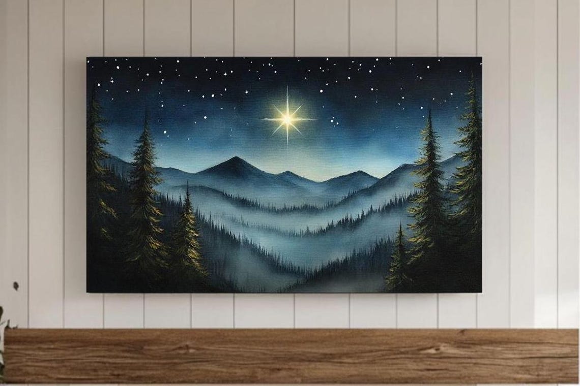 Bright Star Over Misty Blue Mountain Valley Night Painting Poster