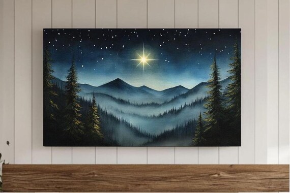 Bright Star Over Misty Blue Mountain Valley Night Painting Poster